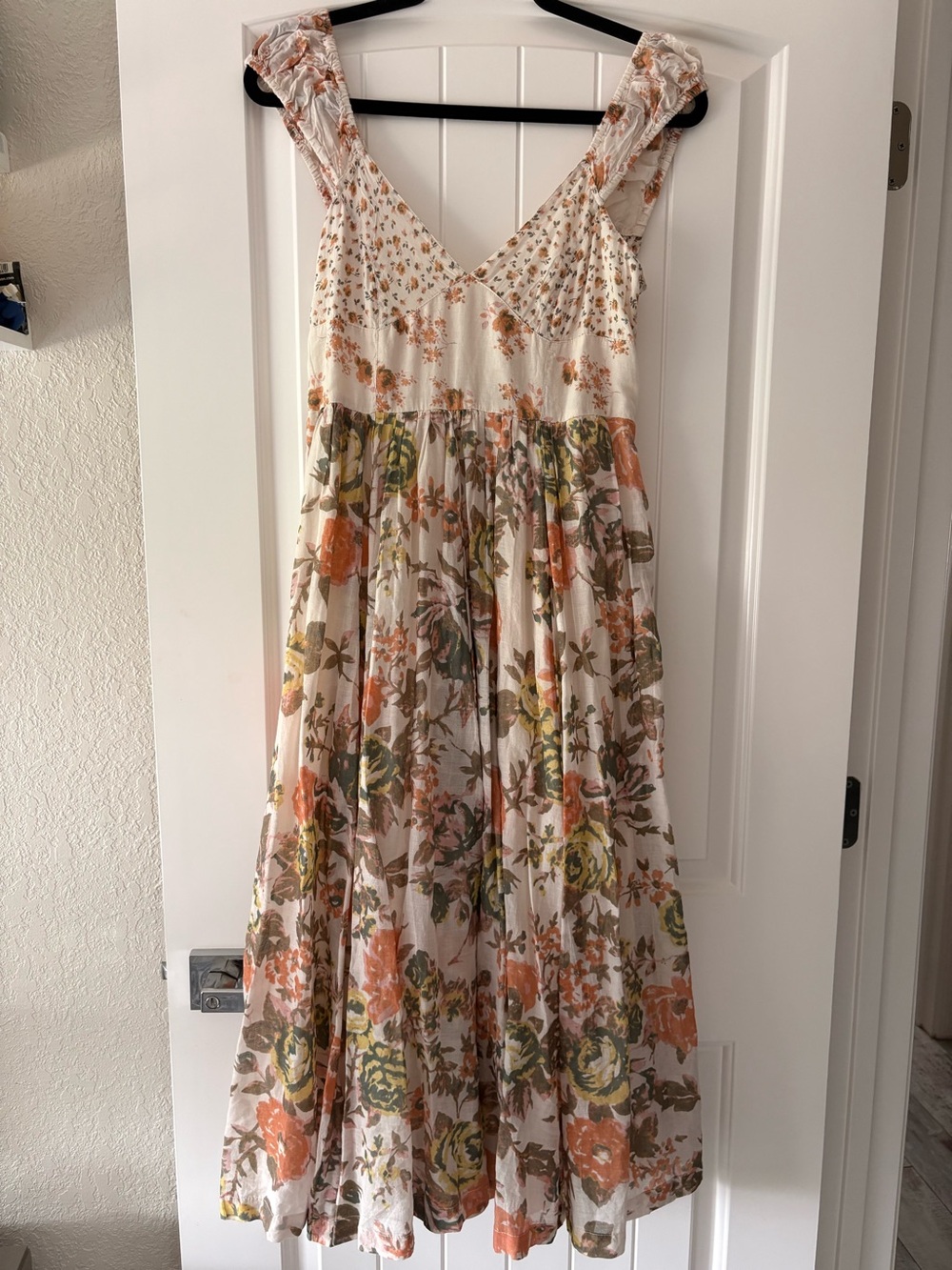 Free People Cream Maxi Dress with Orange & Green Floral Print